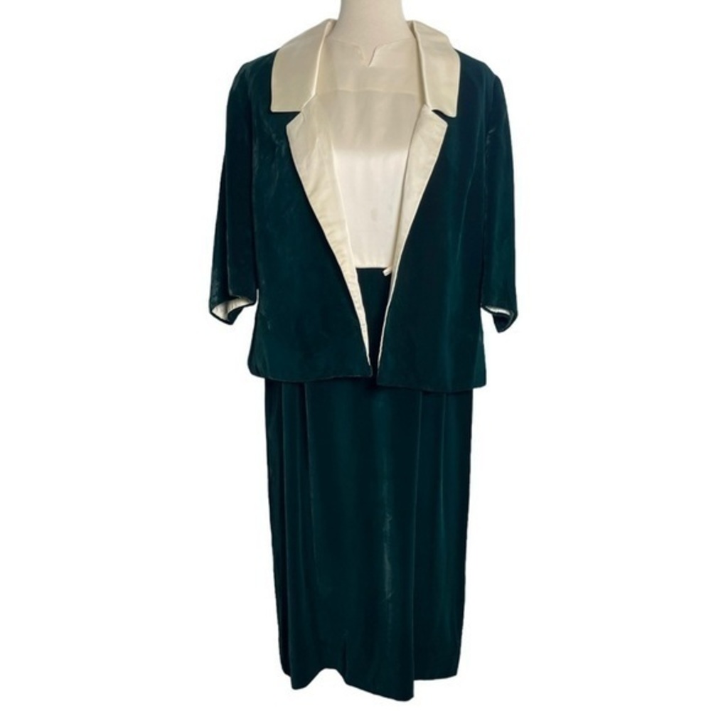Vintage Handmade Green Velvet Cream Satin Sleeveless Dress w/ Jacket - Medium
